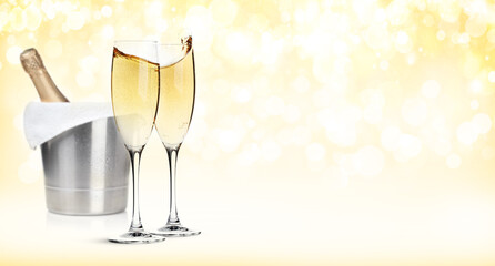 Christmas or Happy Birthday greeting card with champagne glasses