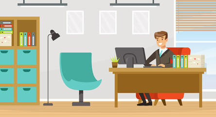 Fototapeta premium Man Office Worker Sitting at Table at Workspace Working Vector Illustration