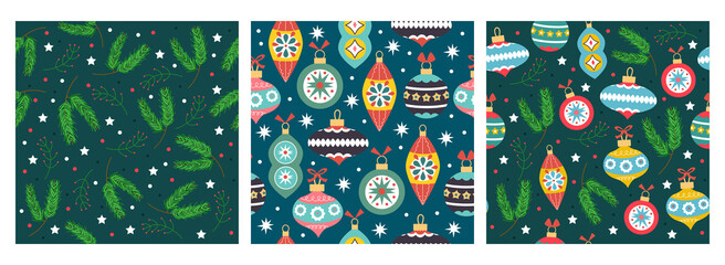 Set of Christmas patterns. Collection of seamless backgrounds.  Branches of  Christmas tree and a Christmas balls in retro style. Ideal for gift paper. Vector illustration.