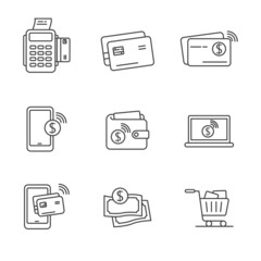 Set of cashless payment icons in linear style isolated on white background