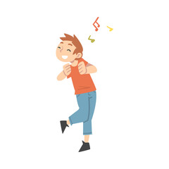 Positive Young Man Dancing Moving Hands and Legs to Music Rythm Vector Illustration