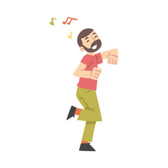 Young Bearded Man Dancing Moving Hands and Legs to Music Rythm Vector Illustration