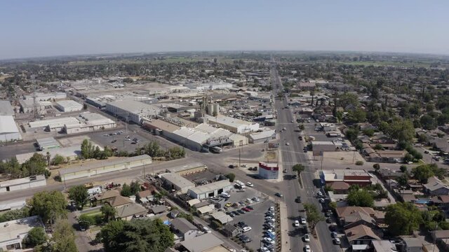 Daytime aerial view of the industrial core of downtown Turlock, California, USA.
