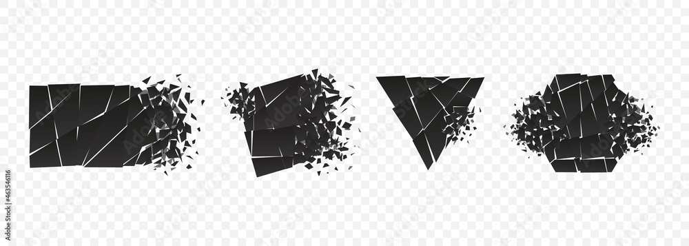 Wall mural shape explosion broken and shattered flat style design vector illustration set isolated on transpare