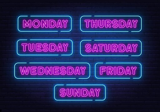 Sunday, monday, tuesday, thursday, wednesday, friday, saturday neon sign on brick wall background.