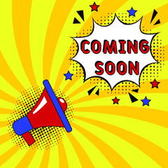 Comic book explosion with text Coming soon, vector illustration. Coming soon in comic pop art style. Comic advertising concept with Coming soon wording. Modern Web Banner Element