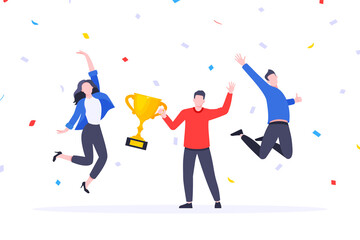 Happy business employee team winners award ceremony flat style design vector illustration. Employee recognition and best worker competition award team celebrating victory winner business concept.