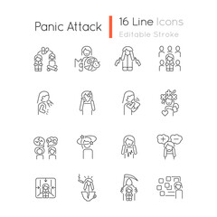 Panic disorder linear icons set. Symptoms and treatment. Anxiety and panic attack. Mental problems. Customizable thin line contour symbols. Isolated vector outline illustrations. Editable stroke
