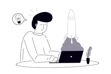 Businessman sitting and starting new business project. Development process on laptop screen. Product innovation and creative ideas. Startup launch