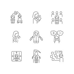 Phobias and its symptoms linear icons set. Vomiting and nausea. Hyperventilation and consternation. Customizable thin line contour symbols. Isolated vector outline illustrations. Editable stroke