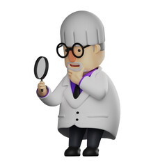 3D Professor Cartoon Illustration checking his magnifying glass