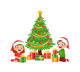 Obraz na płótnie Canvas happy little boy and girl holding present for christmas