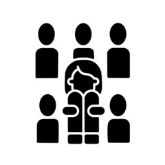 Enochlophobia black glyph icon. Irrational fear of crowd. Person scared of public and crowded places. Psychotherapy treatment. Silhouette symbol on white space. Vector isolated illustration