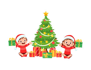 happy little boy and girl holding present for christmas