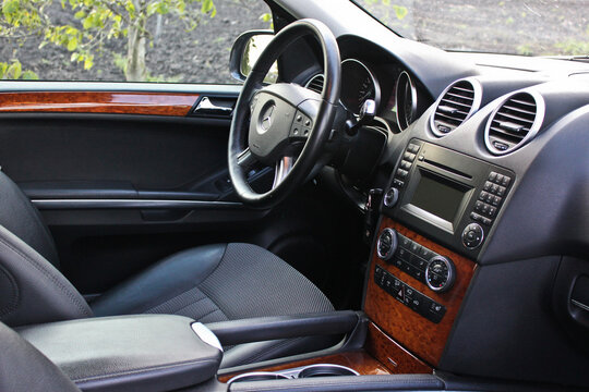 Popelnya, Ukraine - May 26, 2012:  Mercedes ML Class. Car interior luxury service. Car interior details. View of the interior of a modern automobile showing the dashboard