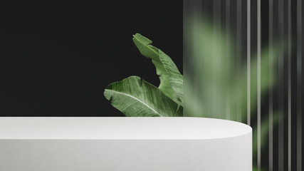 3D render podium, showcase on dark background with green tropical leaves of plants. Abstract natural,organic background for advertising products, spa body care, relaxation, health.	
