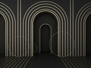 Abstract dark geometric background; arch mock up; simple clean arched design with golden stripes; luxury minimalist wall niche mockup; blank space; art deco display; 3d rendering, 3d illustration - obrazy, fototapety, plakaty