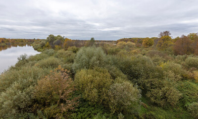 Autumn landscape with a river. Cloudy autumn day by the river. View of the river with trees and bushes on the bank. Bright colors of autumn on a cloudy day.