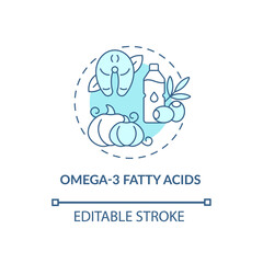Omega three fatty acids concept icon. ADHD diet abstract idea thin line illustration. Healthy body. Dietary supplements. Health benefits. Vector isolated outline color drawing. Editable stroke