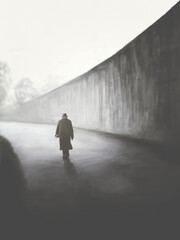 Illustration of old solitary man walking outside, abstract concept