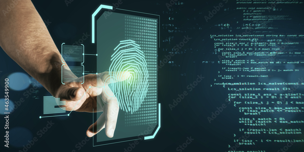 Aufkleber Businessman hand pointing at glowing finger print interface on dark background with coding language. Security and biometrics concept.