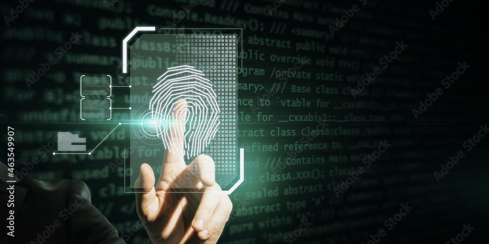 Aufkleber Hand pointing at glowing finger print interface on dark background with coding language and mock up place. Security and biometrics concept.