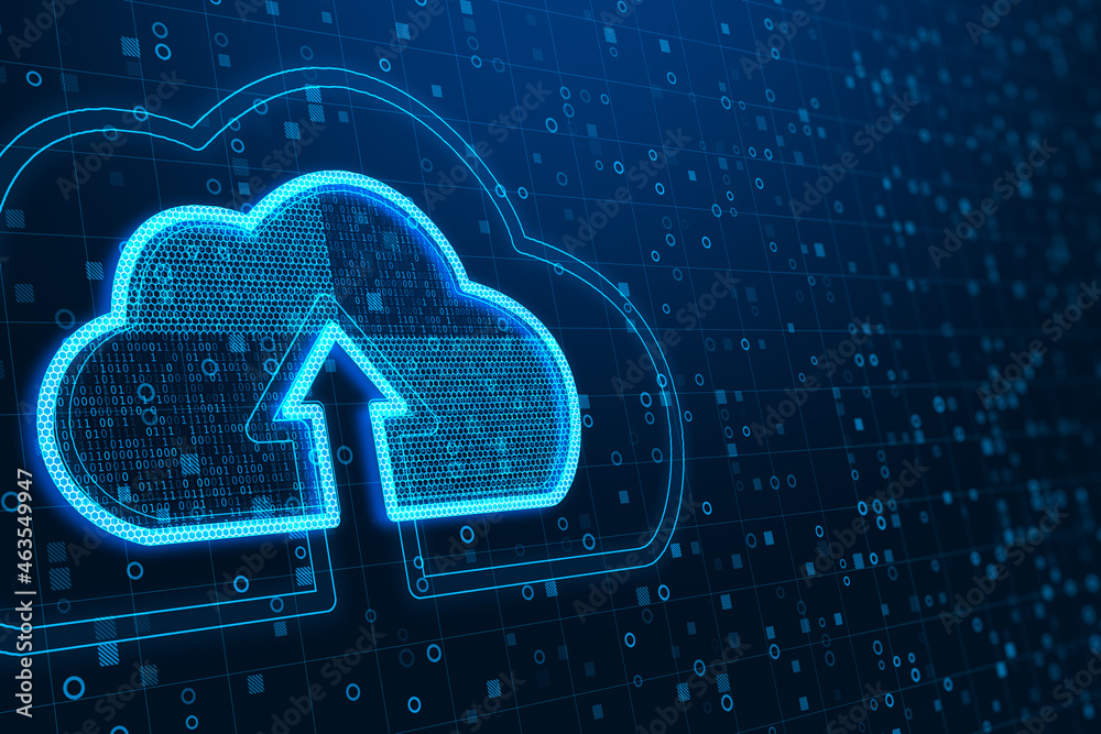 Aufkleber Creative glowing clouds hologram on dark binary code background with mock up place. Cloud computing and database concept. 3D Rendering.