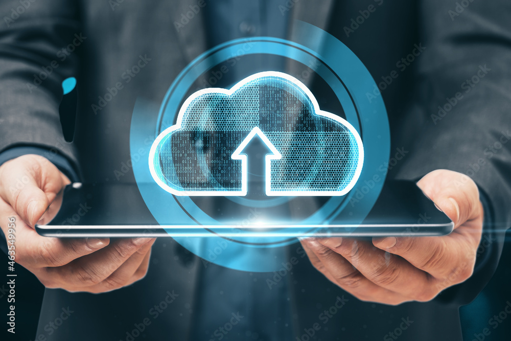 Poster Close up of hand holding tablet with creative glowing clouds hologram on blurry binary code background. Cloud computing and database concept. Double exposure.