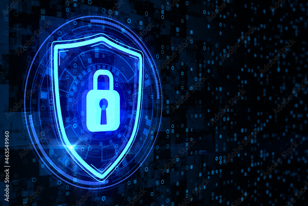 Poster Bright glowing shield with padlock icon on dark binary code background with mock up place. Online protection, antivirus and security concept. 3D Rendering.