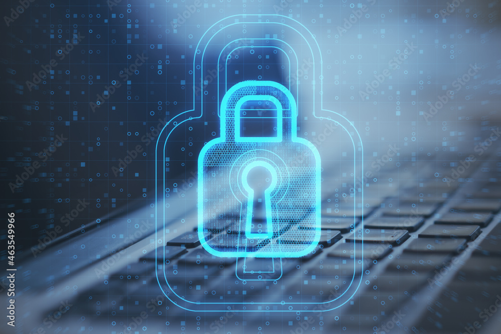 Poster close up of laptop with glowing padlock hologram on blurry background. internet safety and security 