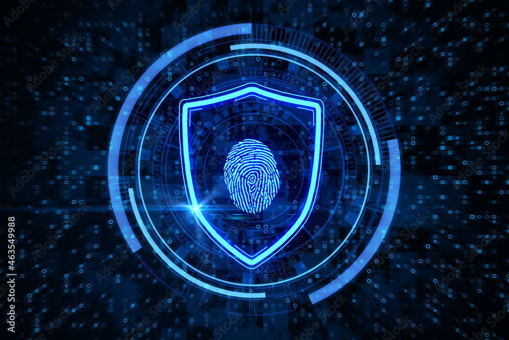 Poster Abstract glowing shield with fingerprint icon on dark binary code background. Scanning, ID and security concept. 3D Rendering.