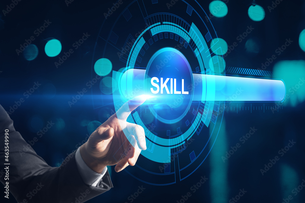 Poster close up of businessman hand pointing at creative digital skill bar on blurry dark bokeh background.
