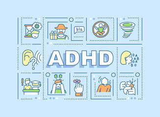 Attention deficit hyperactivity disorder word concepts banner. ADHD signs. Infographics with linear icons on blue background. Isolated creative typography. Vector outline color illustration with text