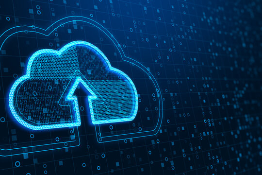 Creative glowing clouds hologram on dark binary code background with mock up place. Cloud computing and database concept. 3D Rendering.