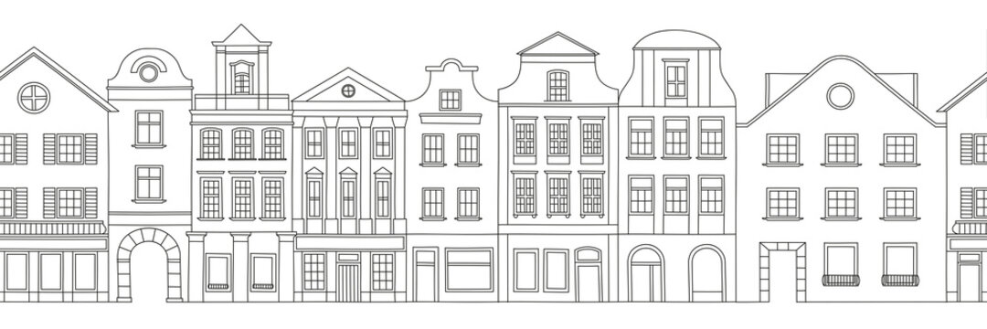 Facade of houses. European street. Netherlands. Architecture sketch. Seamless vector image.