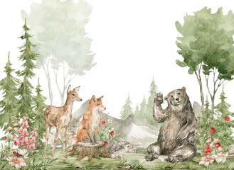 Watercolor composition with forest animals and nature elements. Deer, fox, bear, green trees, pine, fir, flowers and mountains. Woodland creatures in the wild. Illustration for nursery, wallpaper