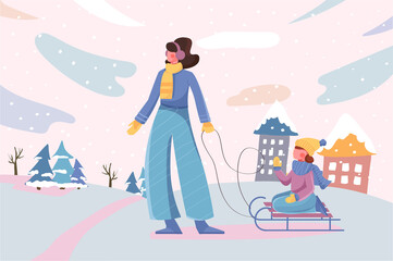 Happy winter family activity banner. Mother and daughter sledding at city and snowfall background. Seasonal entertainment poster. Vector illustration for backdrop or placard in flat cartoon design
