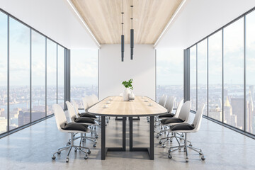 Modern wooden and concrete meeting room interior with panoramic city view, daylight and large table with chairs. Corporate design and legal concept. 3D Rendering.