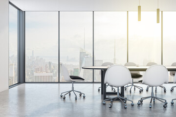 New wooden and concrete meeting room interior with panoramic city view, daylight and large table with chairs. Corporate design and legal concept. 3D Rendering.
