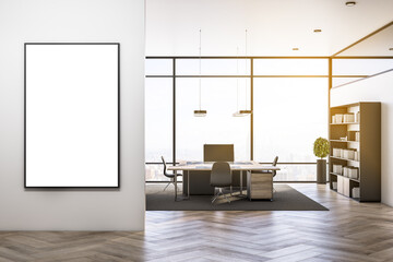 Modern office interior with equipment, empty mock up poster, furniture, sunlight, window with city...