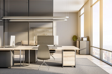 Clean office interior with equipment, furniture, sunlight, window with city view and wooden flooring. Worplace and workspace concept. 3D Rendering.