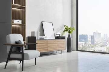 Luxury interior with wooden bookcase, armchair, decorative plant and window with city view. 3D Rendering. © Who is Danny