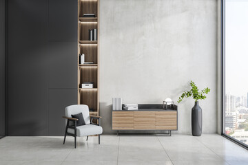 Modern interior with mock up place on concrete wall, wooden bookcase, armchair, decorative plant...
