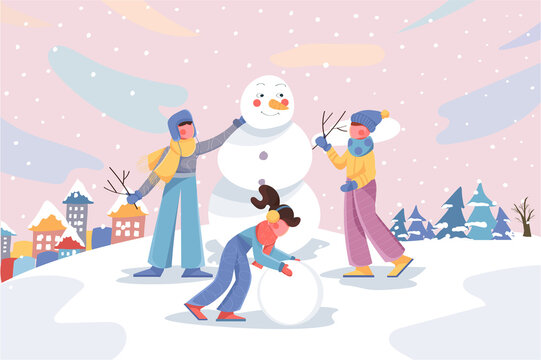 Happy winter activity banner. Children make snowman outdoors in city park and snowfall background. Seasonal entertainment poster. Vector illustration for backdrop or placard in flat cartoon design
