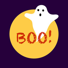 The ghost spirit emerges from the moon and shouts boo word on purple background vector illustration.  