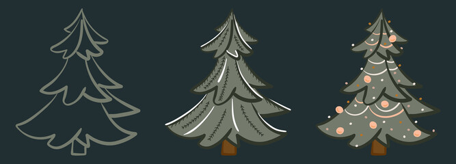 Christmas tree set. Festive fir with toys and snow. Hand-drawn flat vector illustration isolated.