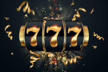 Slots creative background, Lucky seven 777 on Slot machine, dark golden style. Casino concept, luck, gambling, jackpot. 3D render, 3D illustration. - obrazy, fototapety, plakaty
