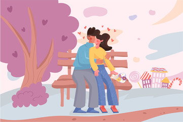 Valentines day banner. Couple in love kissing and hugging while sitting on bench at city park background. Seasonal holiday poster. Vector illustration for backdrop or placard in flat cartoon design