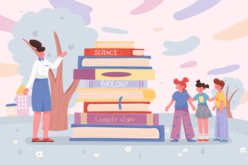 Education banner. Teacher teaches kids, children standing by huge stack of textbooks at background. Pupils studying at school poster. Vector illustration for backdrop or placard in flat cartoon design