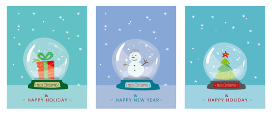  X-mas postcard set with bauble. Merry Christmas Poster with, snow globe. new year greetings card in doodle style. 